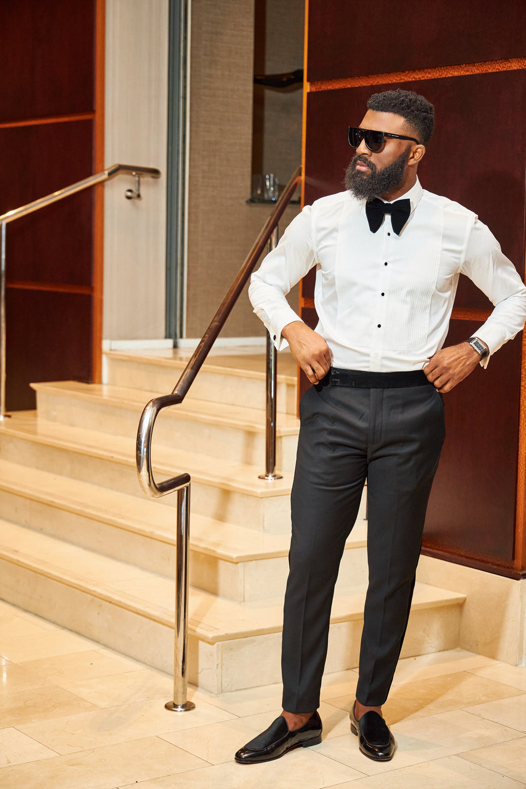 Diagonal Plisse Slim Fit Tuxedo Shirt