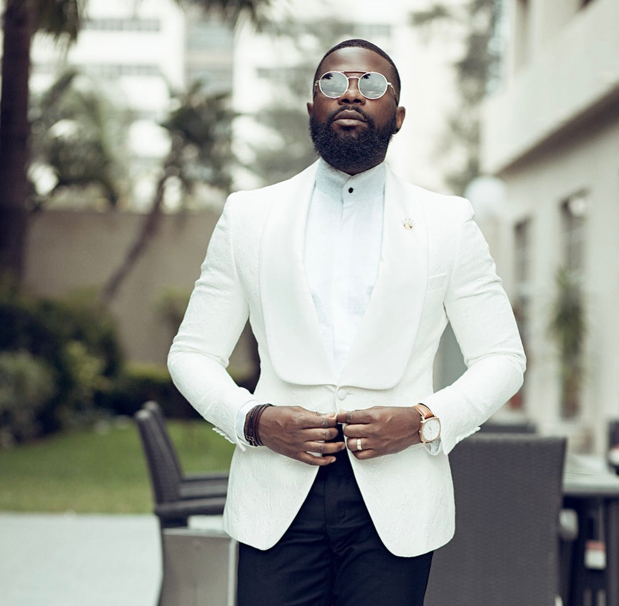 men in Ivory Paisley Tuxedo by henry couture paris