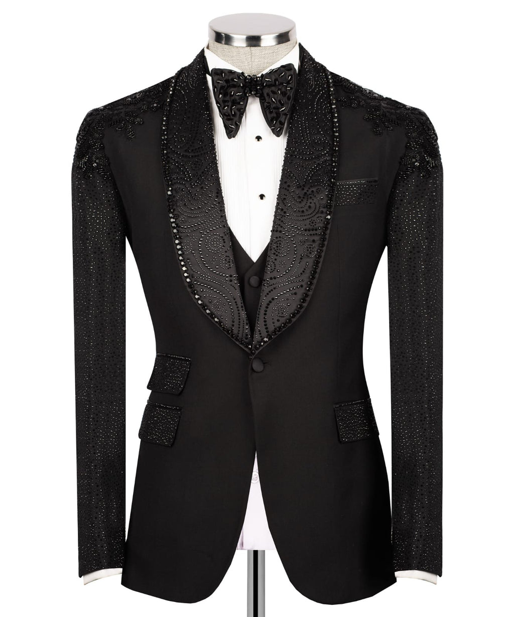 New Black wedding tuxedo with intricate detailing