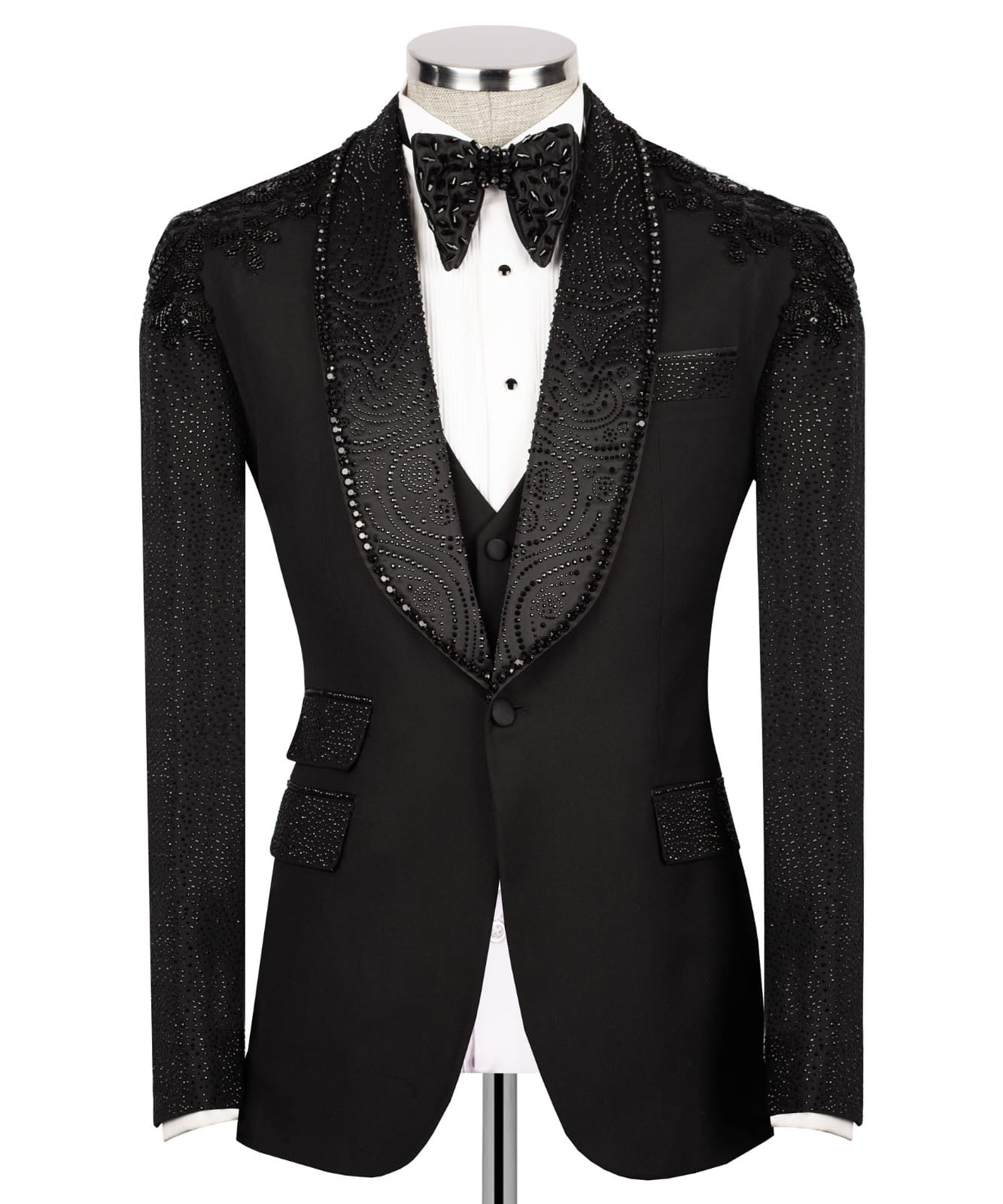 New Black wedding tuxedo with intricate detailing