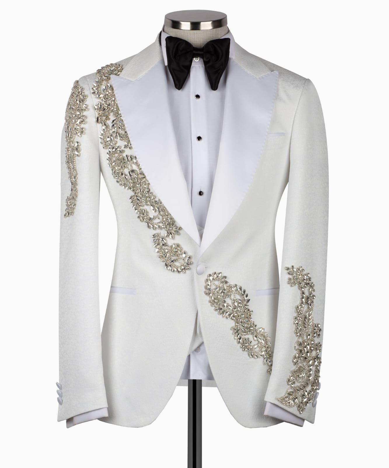 white men's tuxedo jacket with intricate silver rhinestone embellishments