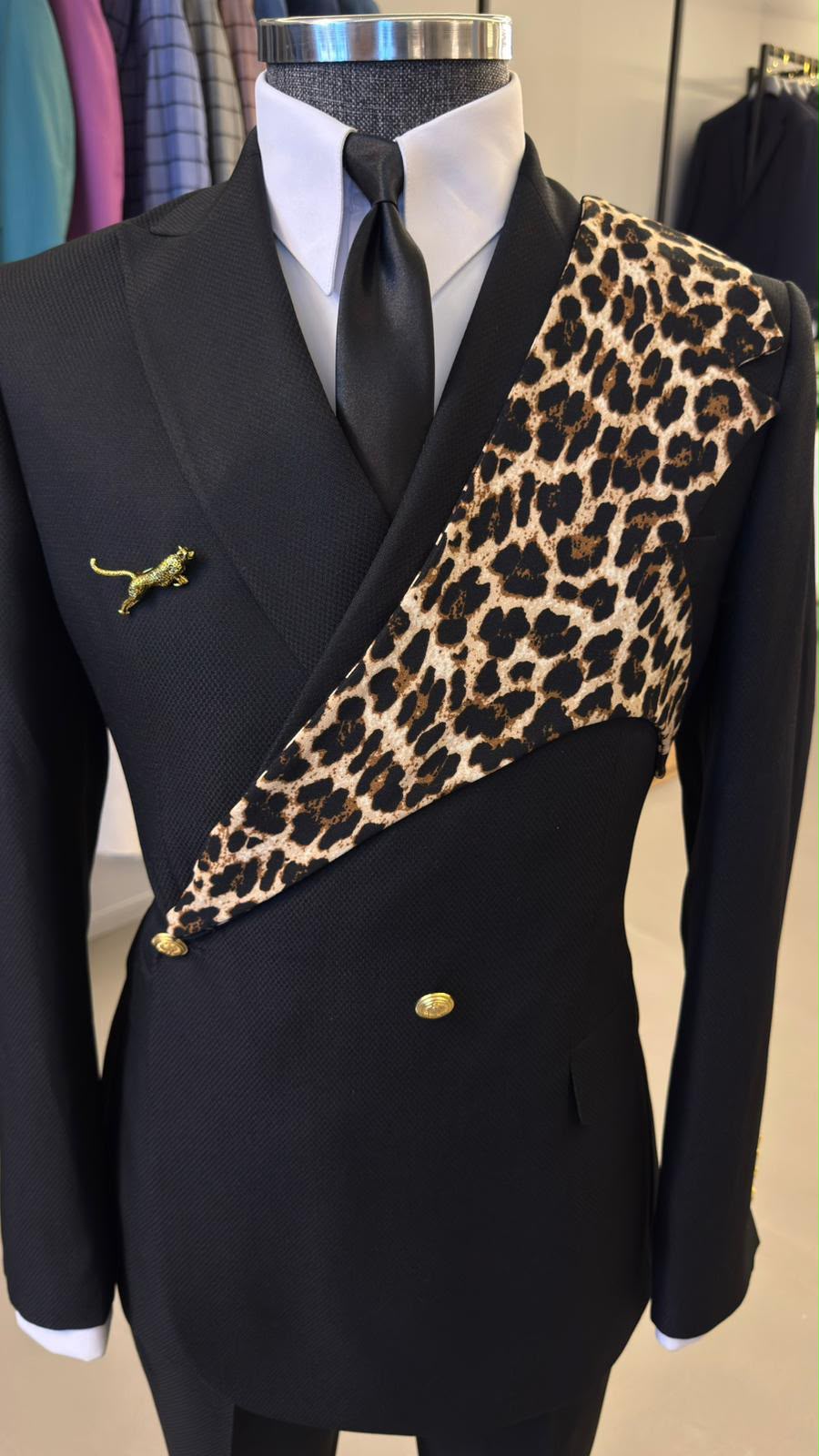 Black Leopard Print Suit for Men