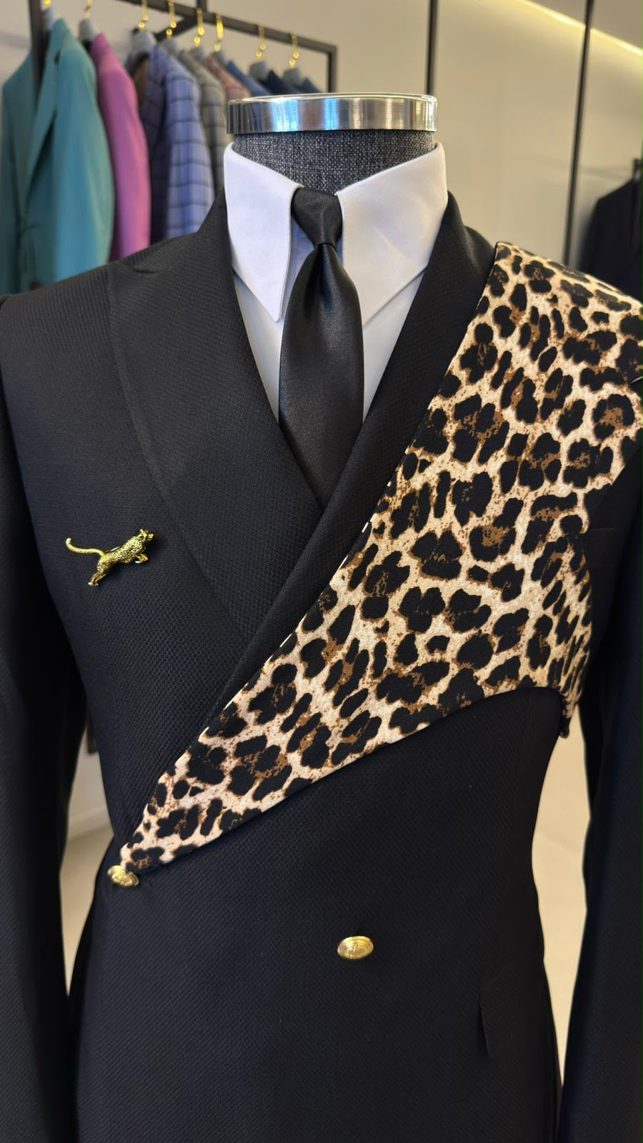 Black Leopard Print Suit for Men