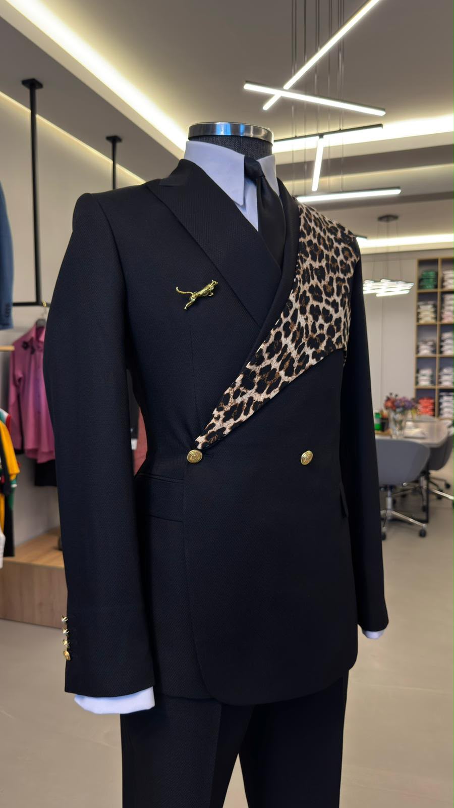 Black Leopard Print Suit for Men