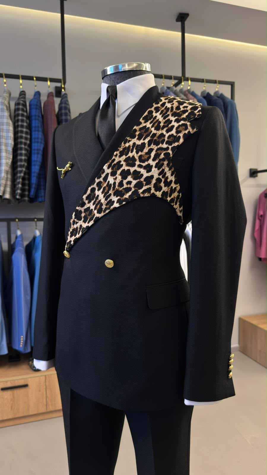 Black Leopard Print Suit for Men