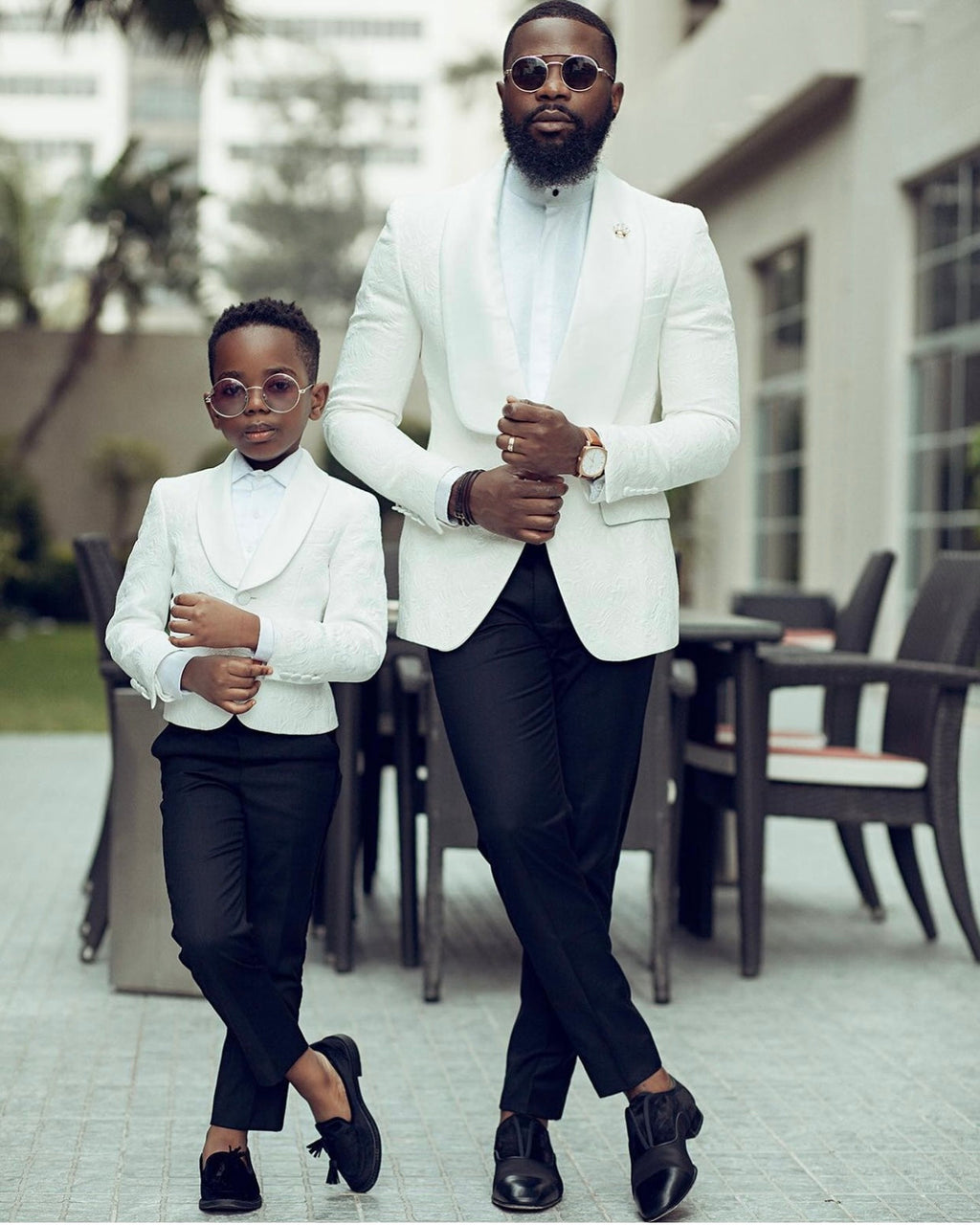 men and a kid in Ivory Paisley Tuxedo by henry couture paris