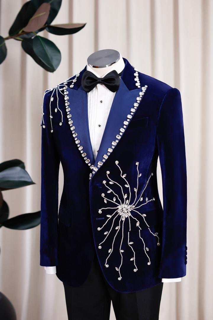Midnight Starburst Crystal-Embellished Velvet Tuxedo with decorative elements 