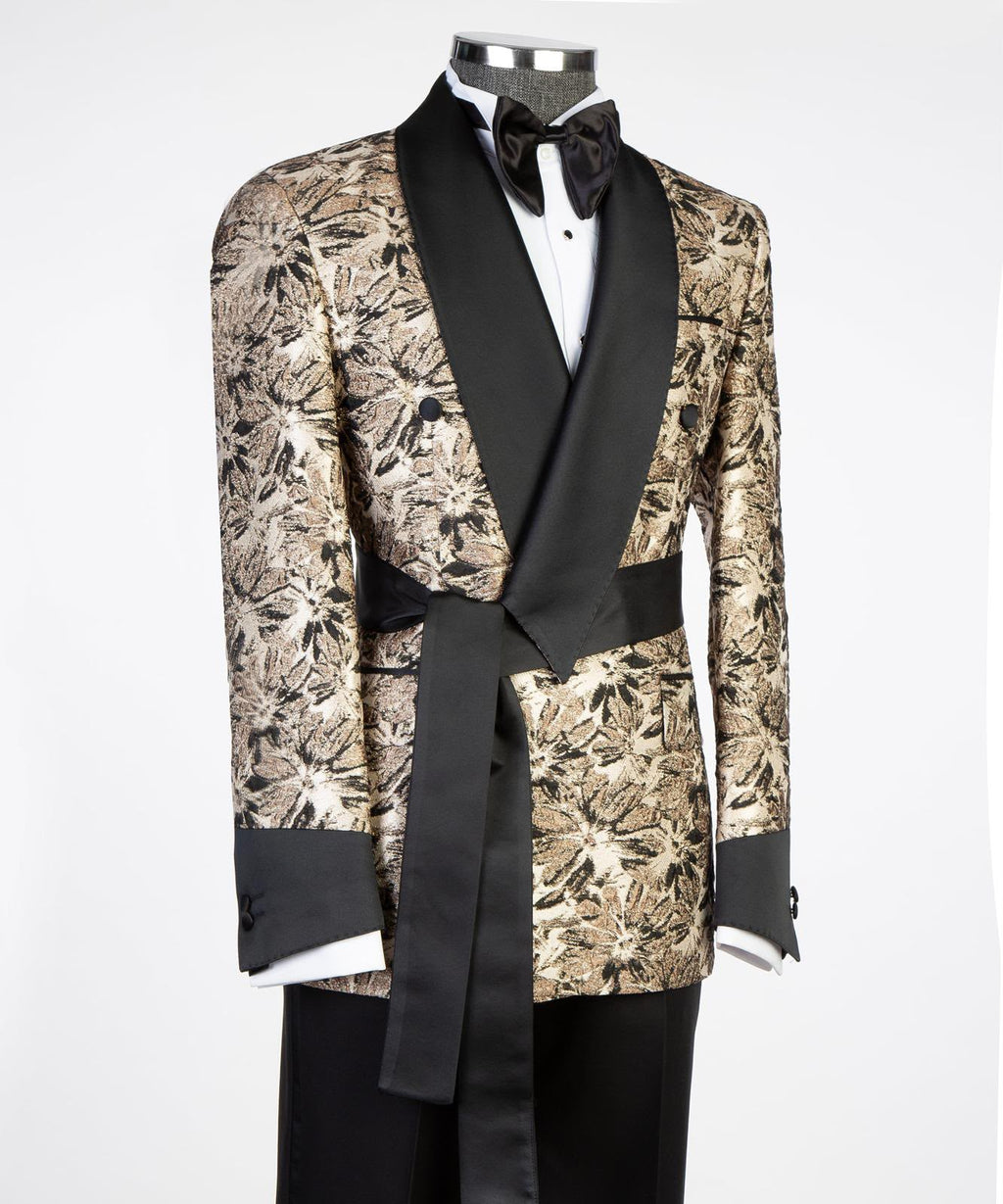 Gold & Black Floral Shawl Lapel Tuxedo for Men