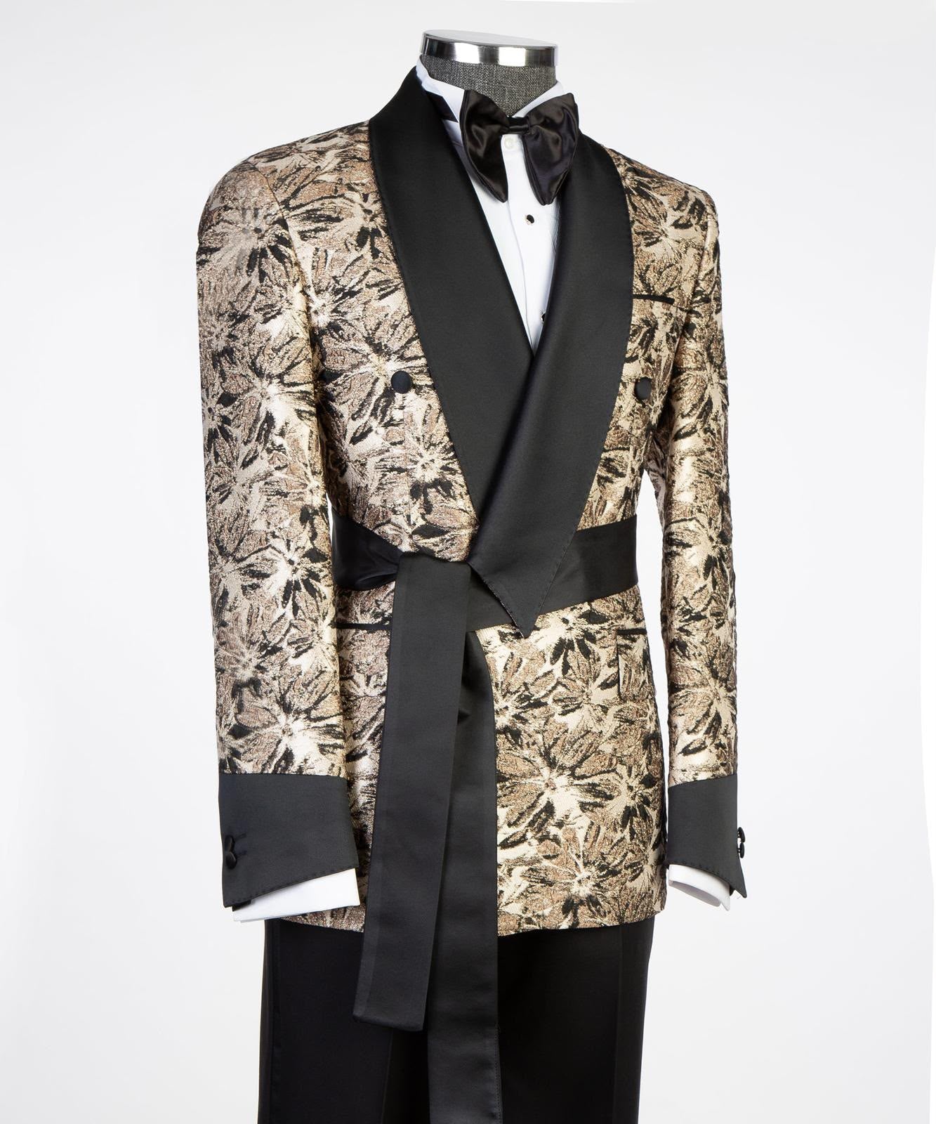 Gold & Black Floral Shawl Lapel Tuxedo for Men