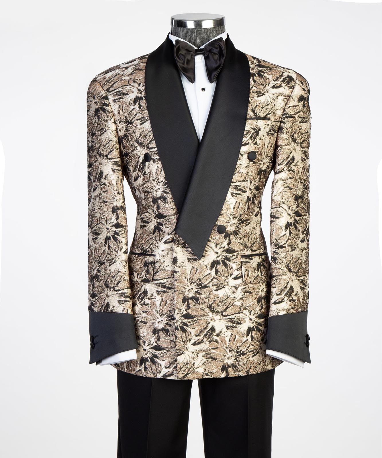 Gold & Black Floral Shawl Lapel Tuxedo for Men