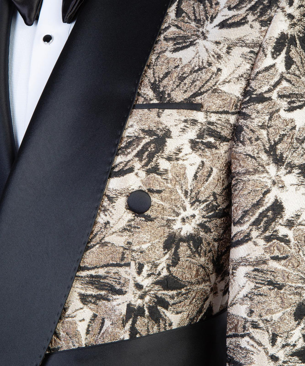 Gold & Black Floral Shawl Lapel Tuxedo for Men
