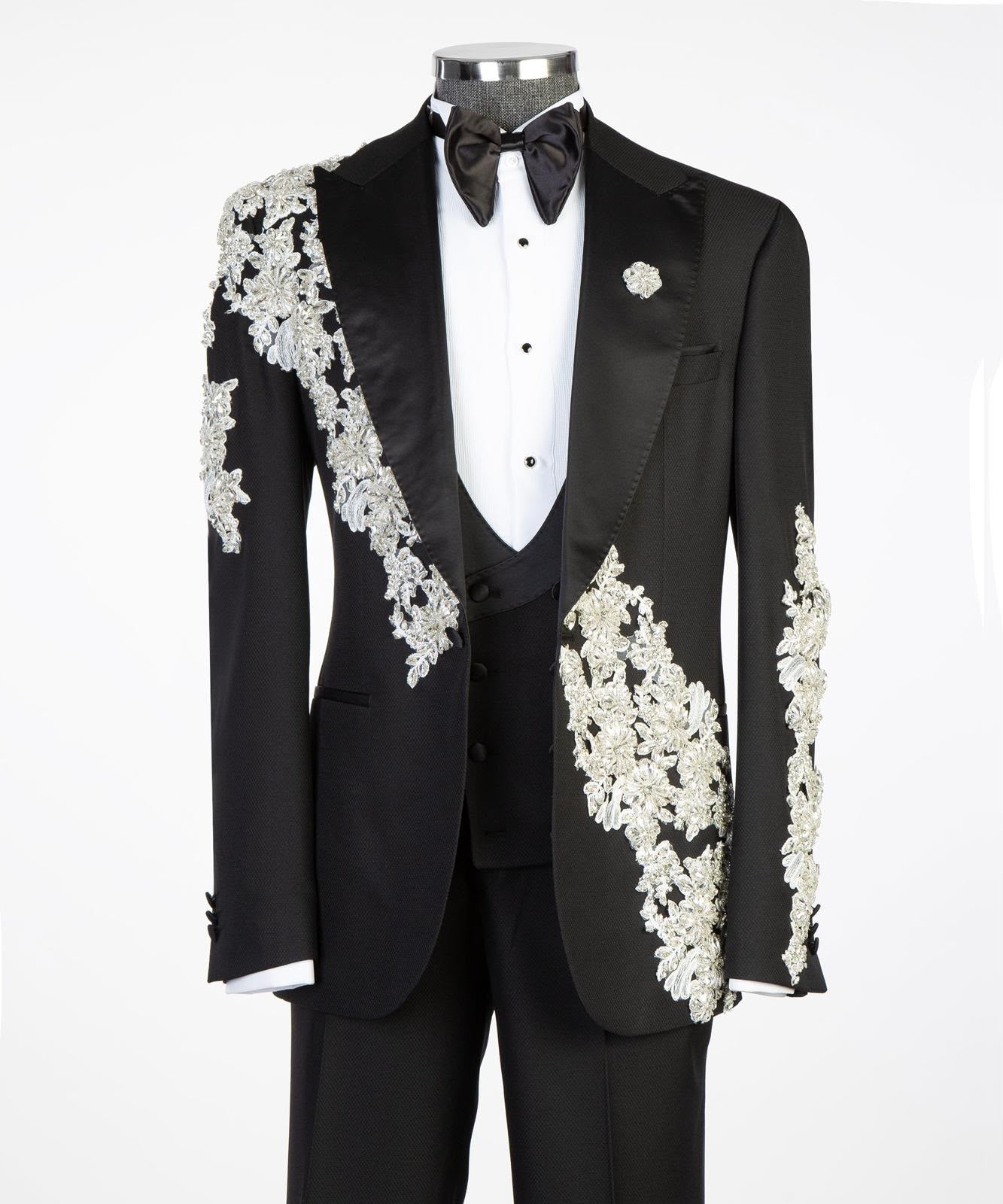 Three-Piece Floral Embroidered Wedding Suit for Men